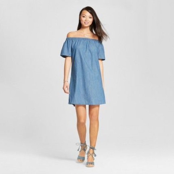 DENIM CHAMBRAY Off-Shoulder Jean Shift Dress [E9] - Picture 8 of 8